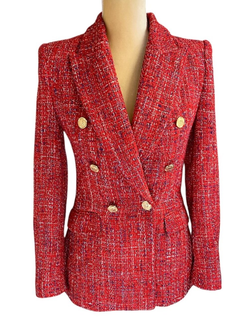Zara Tweed Double-Breasted Red Blazer Jacket XS - Picture 3 of 13